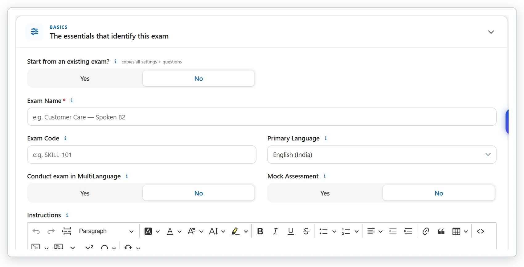 Assessment setup with copy previous exam, multi-language delivery and mock assessment