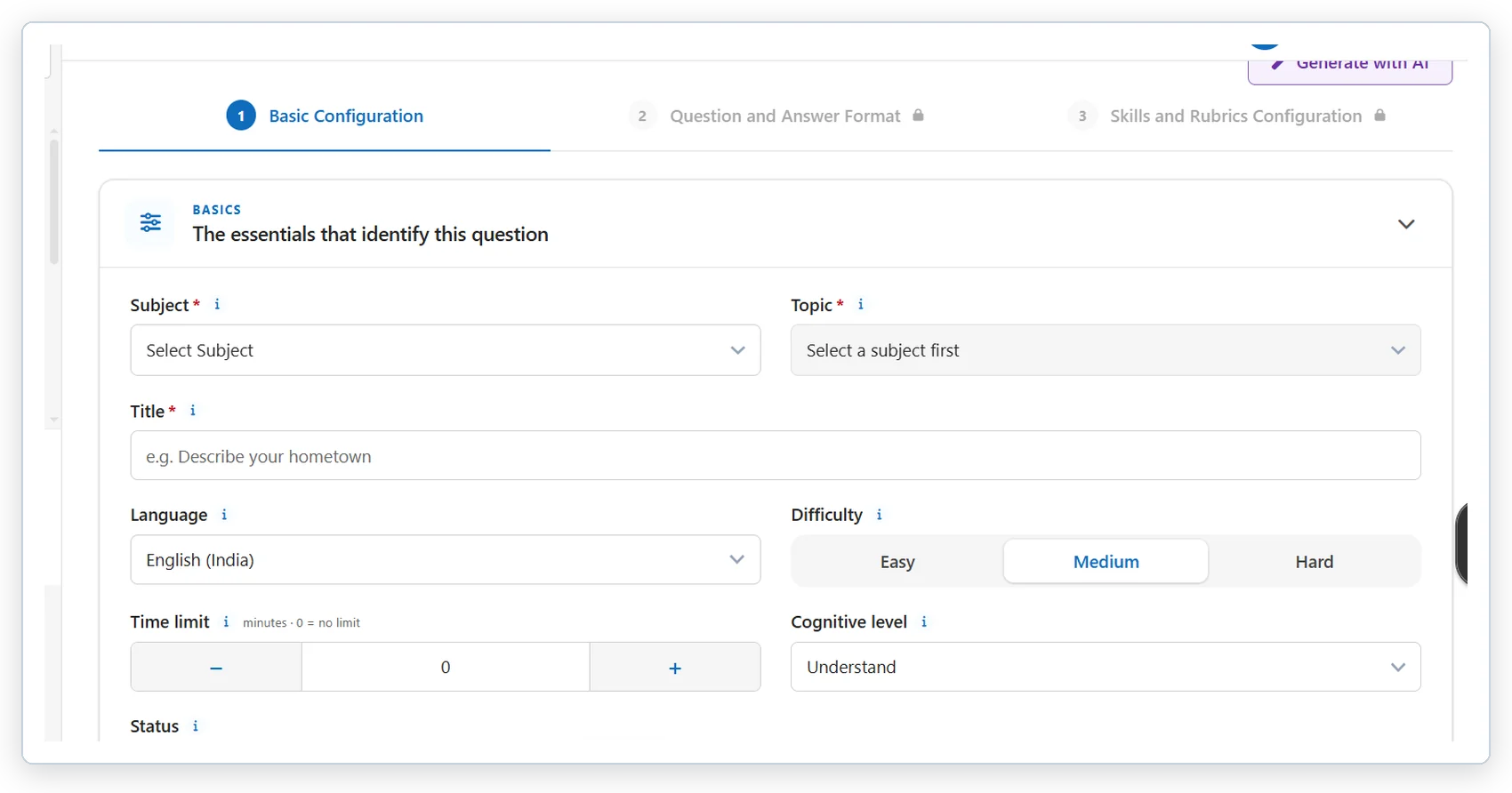 Question Builder Basic Configuration step