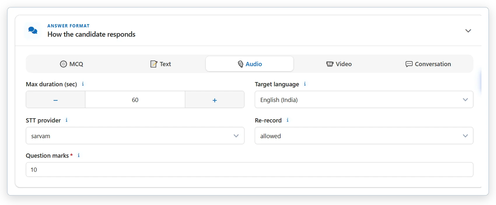 Audio answer settings: target language, duration and re-record